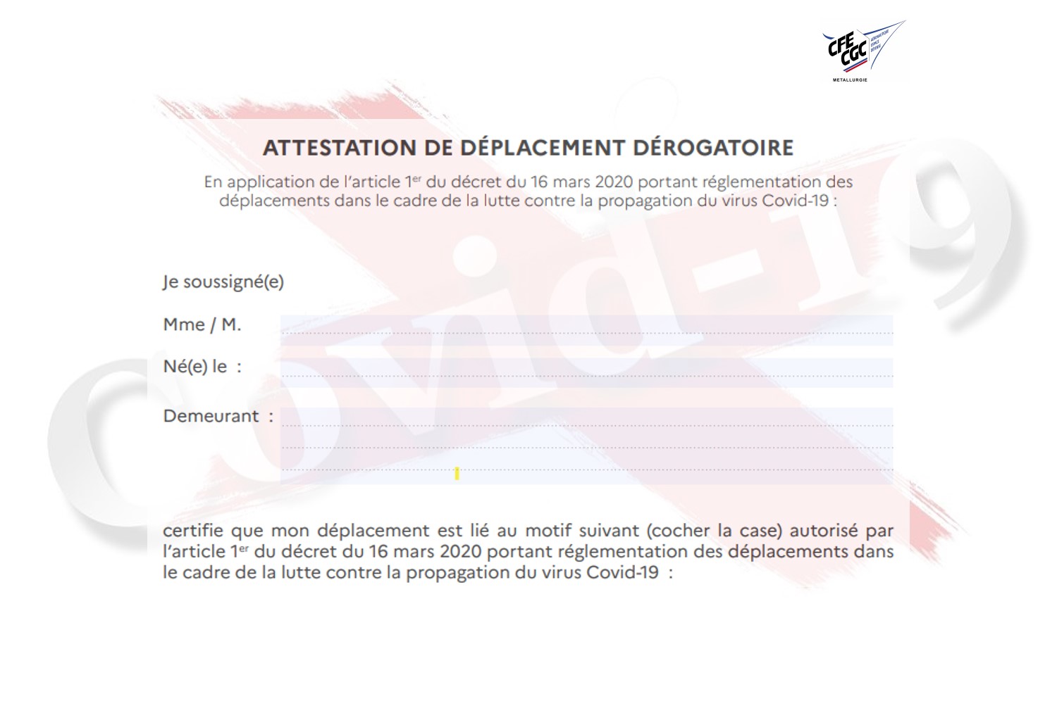 Attestation de déplacement dérogatoire à télécharger